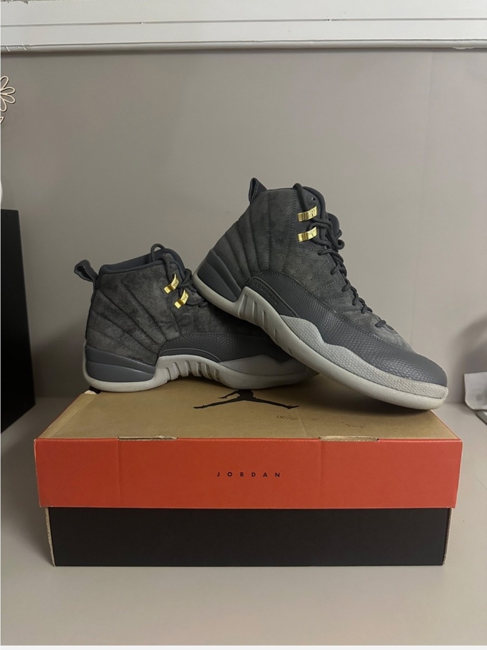 Jordan Retro High-Top Sneakers — Dark Gray with Gold Hardware